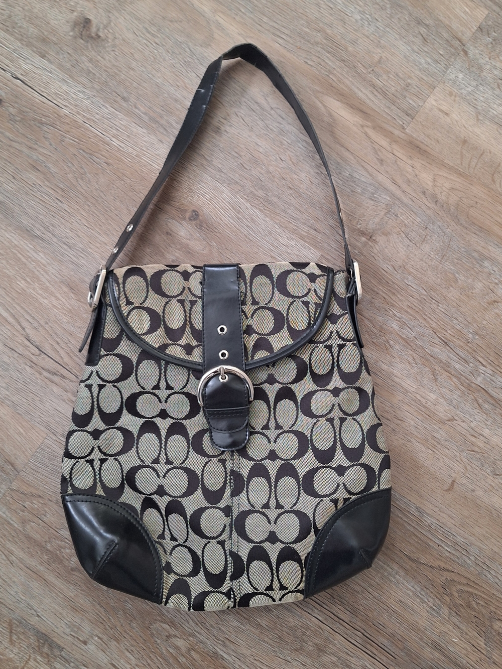 Coach Signature Monogram Shoulder Bag in Brown and Tan